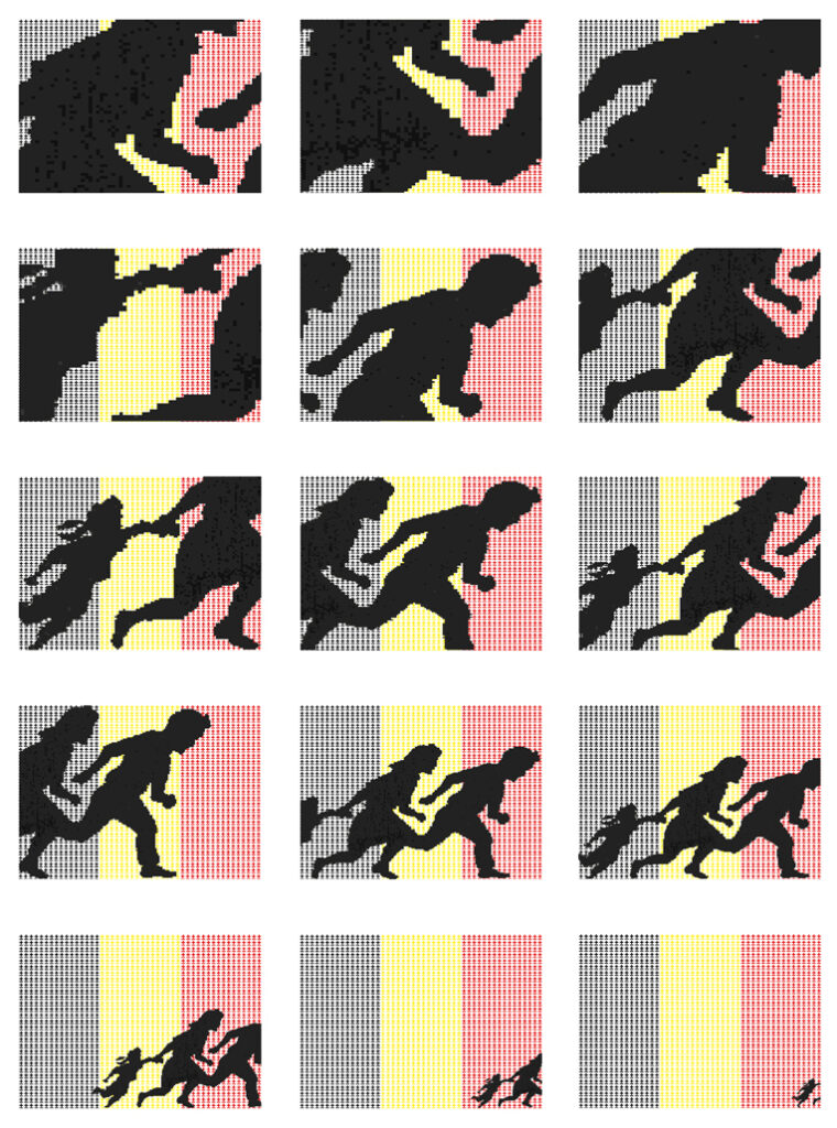 Histoire plus ou moins belge. Graphisme : panneaux routier texan "attention traversée d'immigrés" sur fond de + et de -
